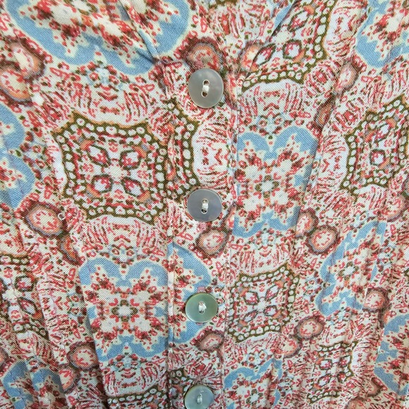 Sara Michelle 2X Pink Blue Tan Paisley Print V Neck Button Front Tunic Top - Picture 2 of 6